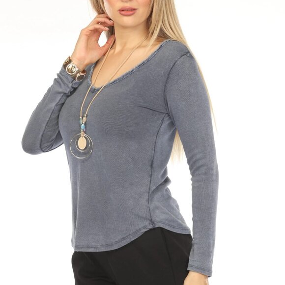 Jeans Color 100% Cotton V Neck Top - Picture 3 of 5